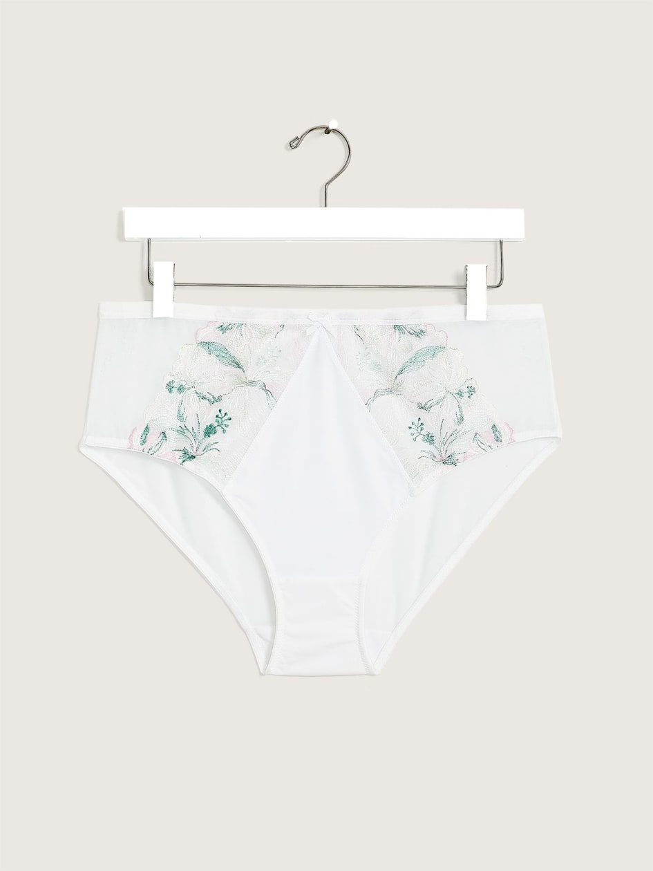 High-Cut Microfibre and Mesh Brief with Floral Embroidery - Déesse Collection