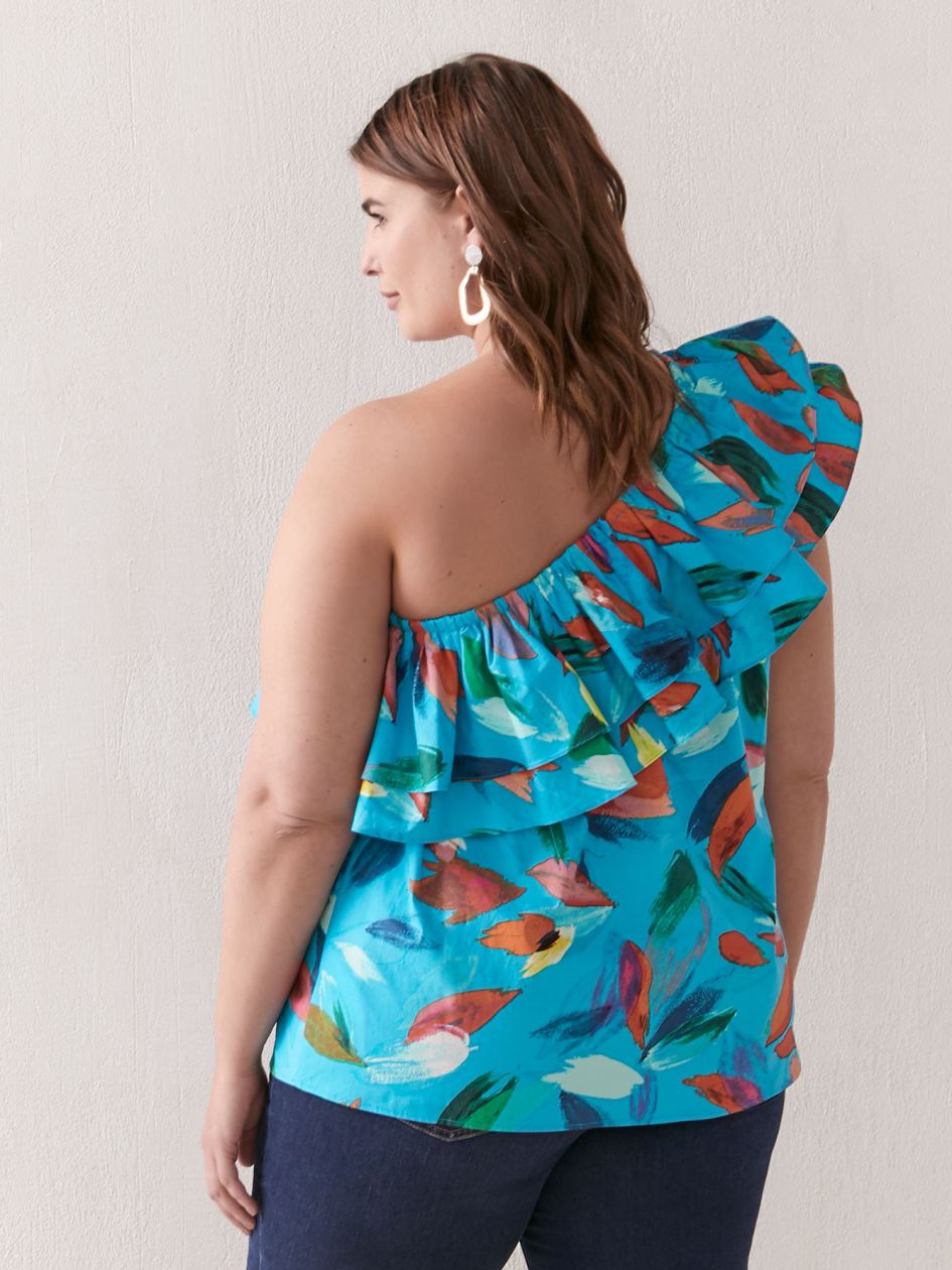 Printed One Shoulder Flounce Blouse - Addition Elle