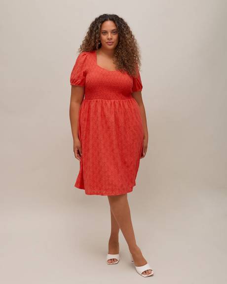Eyelet Knit Dress with Short Balloon Sleeves