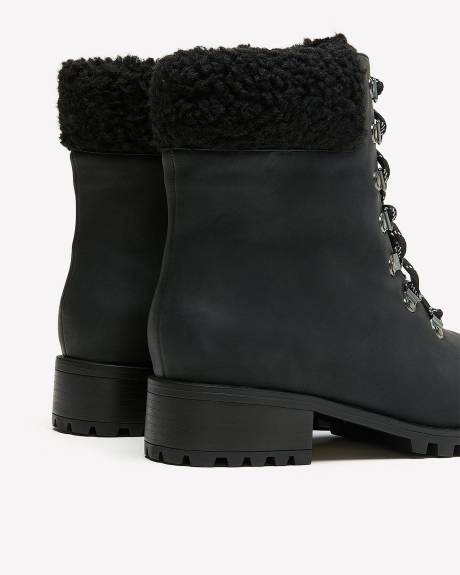 Extra Wide Width, Black Lace-Up Booties with Sherpa Collar