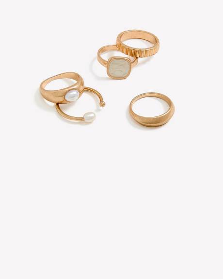 Assorted Golden Rings with Pearl and Square Stone, Set of 5