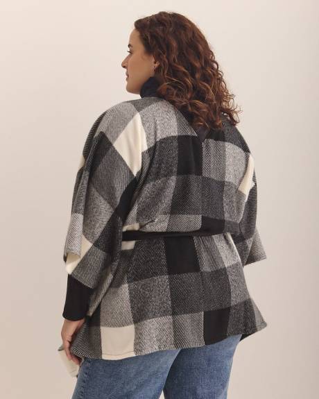Black Plaid Puffer Neck Belted Cape