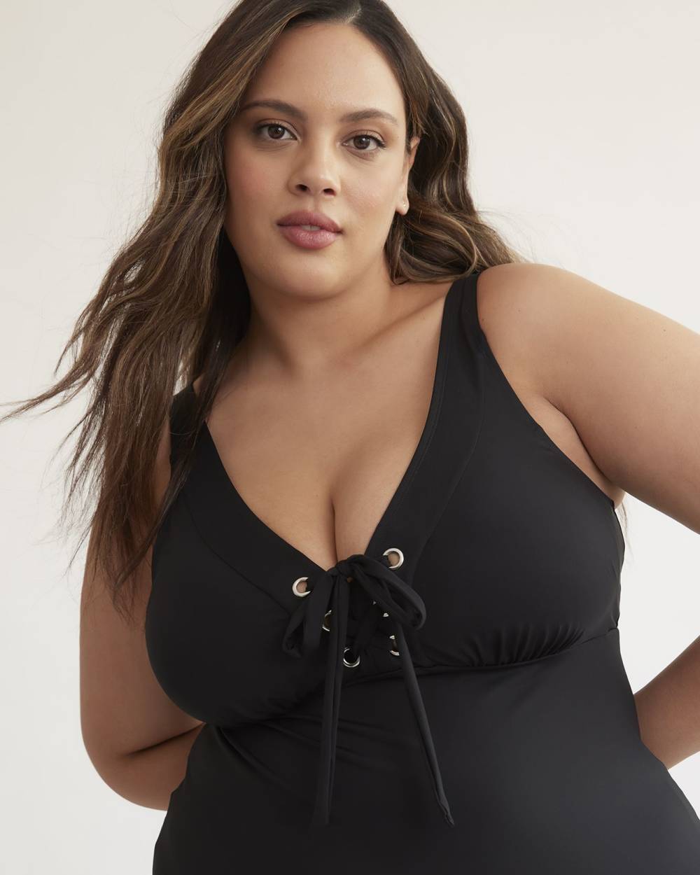 Black V-Neck Lace-Up Tankini Top