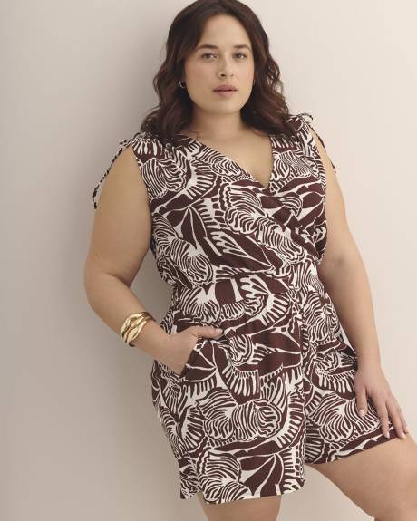 Pinted Sleeveless V-Neck Romper with Shoulder Ties