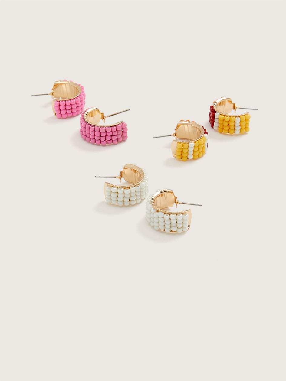 Assorted Coloured-Seedbead Mini Hoop Earrings, Set of 3