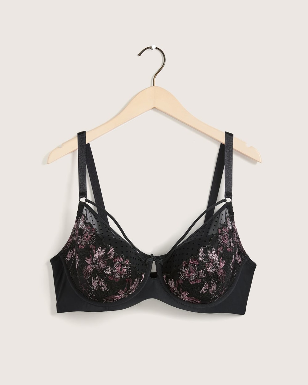 Balconette Bra With Floral Embroidery and Polka Dot Mesh - Déesse