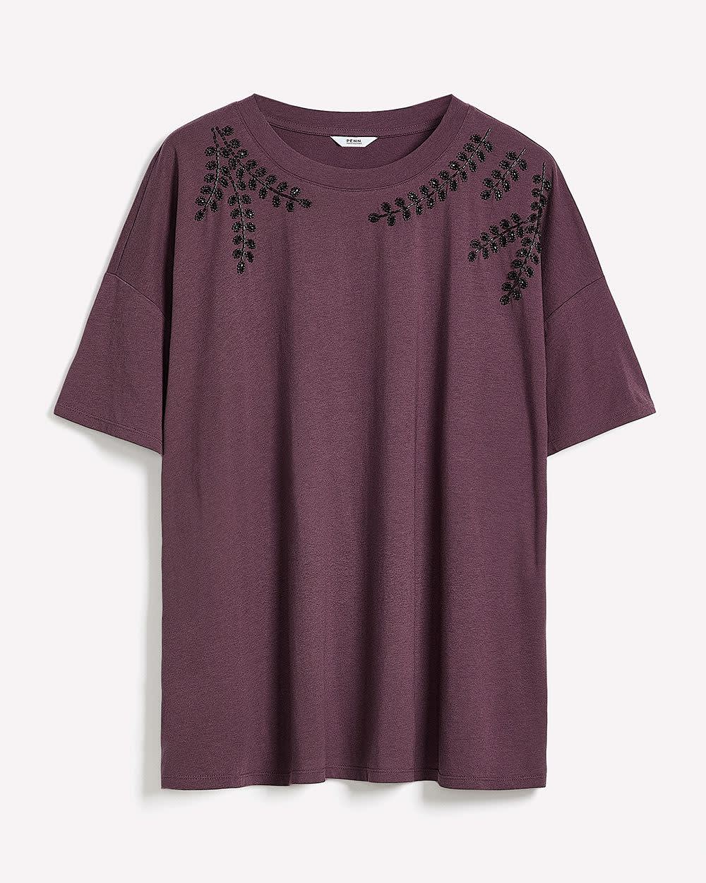 Crewneck Knit Top with Leaf Rhinestone Embellishment Crewneck Knit Top with Leaf Rhinestone Embellishment