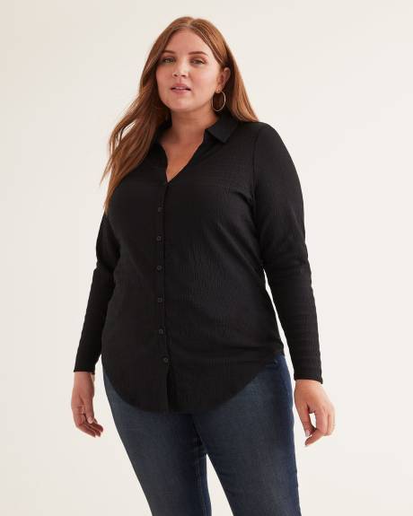 Black Textured Knit Buttoned Down Shirt