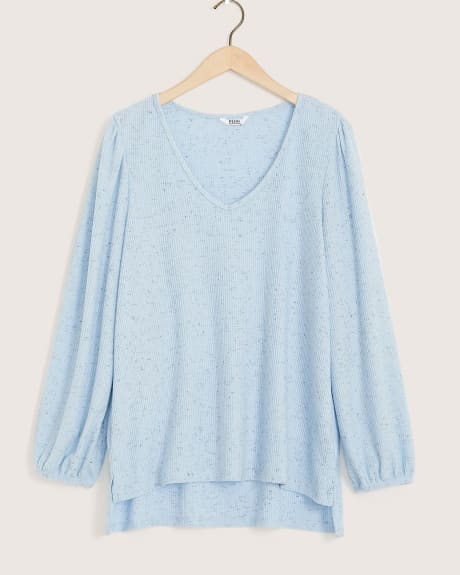 Solid V-Neck Knit Top with Long Puffed Sleeves