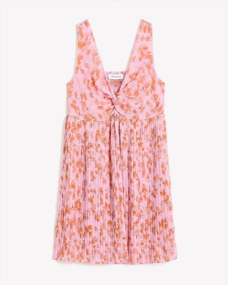 Floral Knotted Sleeveless Dress with Pleated Skirt - Addition Elle