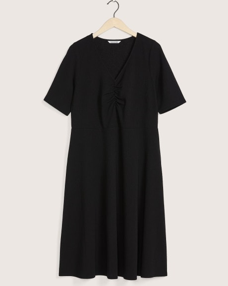 Solid V-Neck Dress with Elbow Sleeves