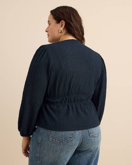 Textured Front-Tie Long-Sleeve Top