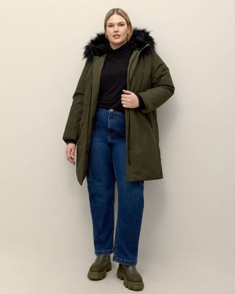 Knee-Length Parka with Removable Faux-Fur Hood