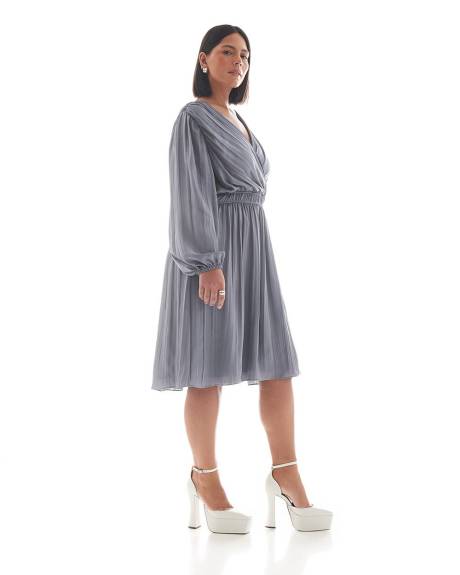 Blue Pleated Satin Faux-Wrap Dress - Addition Elle