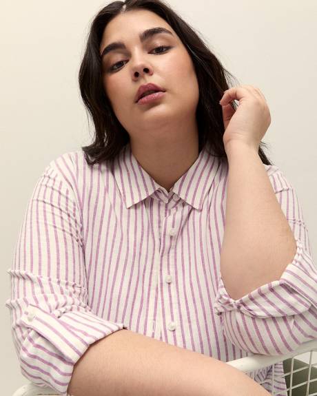 Striped Linen Blend Buttoned Down Shirt with Rolled-Up Sleeves