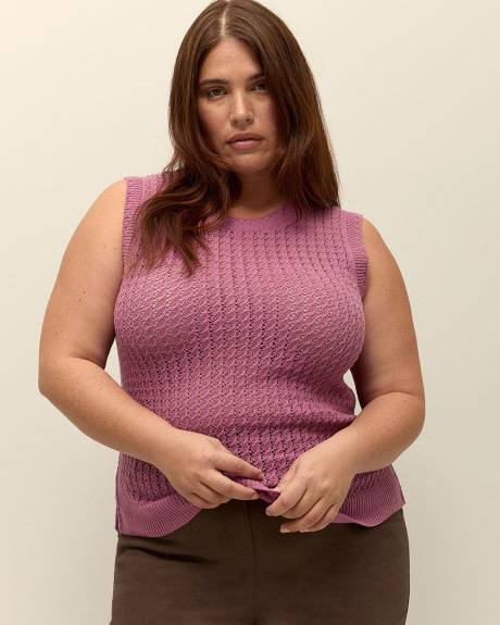 Sleeveless Cotton Sweater with Crochet Ribbed Bands