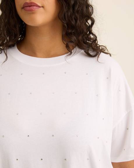 Crewneck Knit Top with Leaf Rhinestone Embellishment