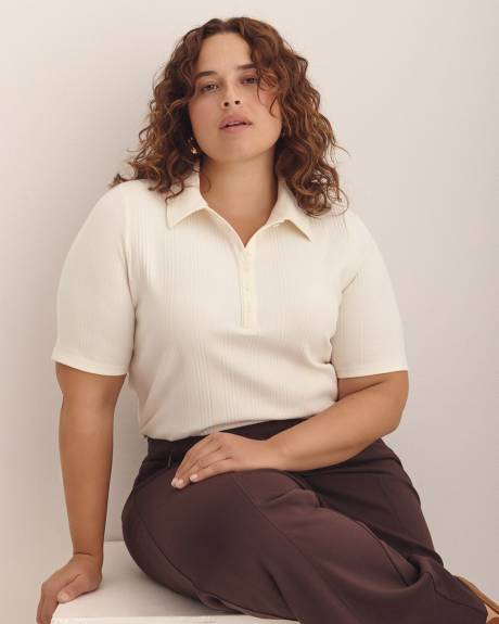 Ribbed Elbow-Sleeve Polo Knit Top
