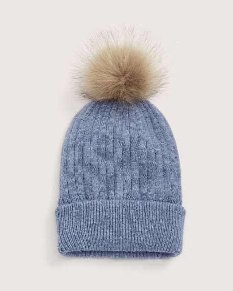 Tuque côtelée avec pompon et doublure en molleton