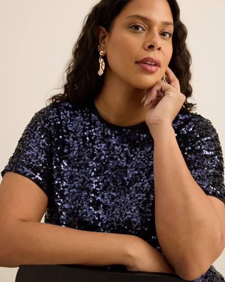 Short-Sleeve Sequins Crewneck Top