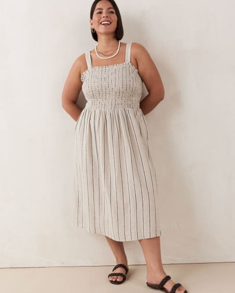 Linen Blend Stripe Dress WIth Smocking Detail