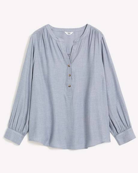 Long-Sleeve Half-Placket Twill Blouse