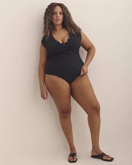 Black Rib Cap-Sleeve Henley Tankini Top