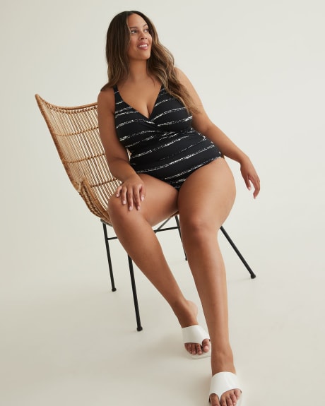 Black Dotted Stripe Wrap One-Piece Swimsuit