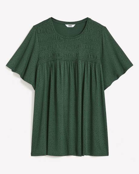 Flutter-Sleeve Knit Top with Smocked Detail