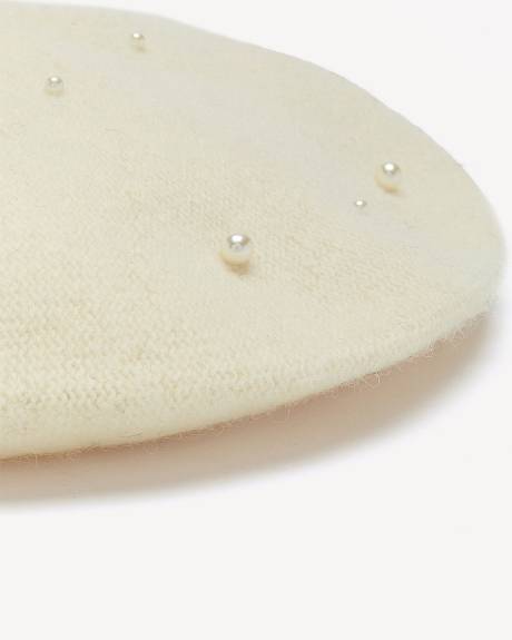 Ivory Wool Beret with Pearls