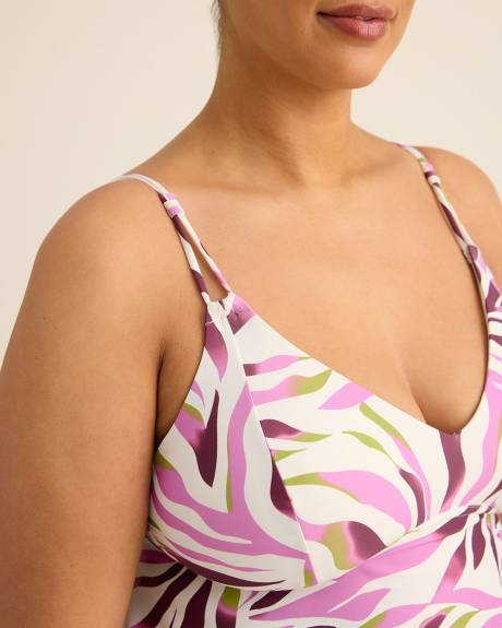 White Plunge Tankini Top with Purple Foliage Print