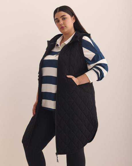 Long Black Quilted Vest with Hood - Active Zone