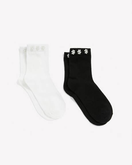 Chaussettes avec fleurs en perles, ens. de 2