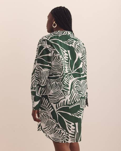 Foliage-Print Cotton Swim Cover-Up Tunic Shirt