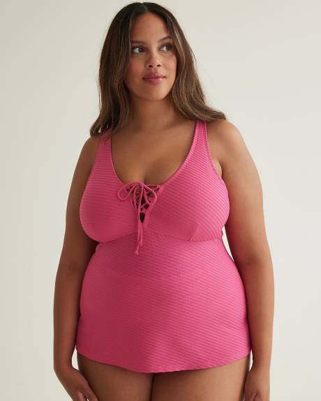 Tankini texturé à encolure en V lacée, coupe trapèze