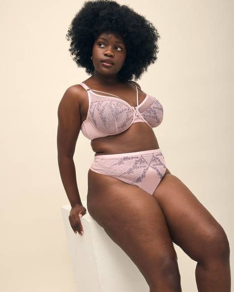 Lilac Satin Thong with Lace Embroidery - Déesse Collection