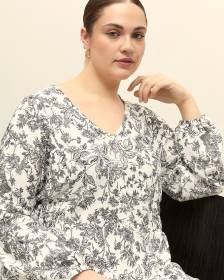 White Floral V-Neck Top with Smocking at Waist