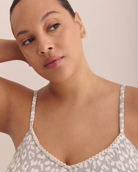 Grey Leopard-Print Ribbed Nighty with Lace - Déesse Collection