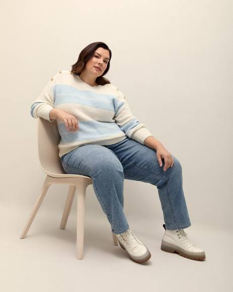 Crewneck Sweater with Buttons at Shoulders