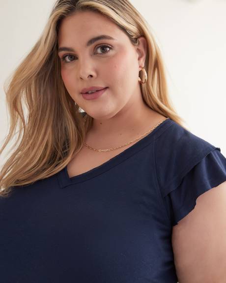 V-Neck Knit Top with Double Flutter Sleeve