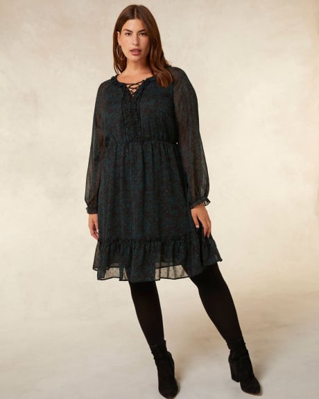 Printed Long-Sleeve Dress with Lace-Up Details - Addition Elle