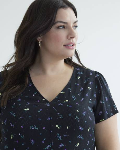 Printed Fit-and-Flare Blouse with Short Flutter Sleeves