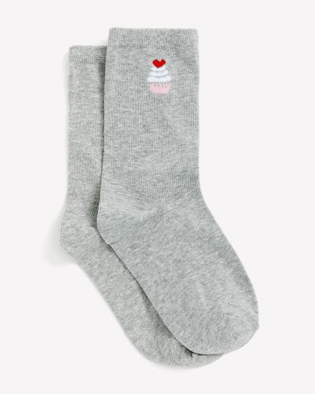 Grey Crew Sock with Cupcake Placement Print