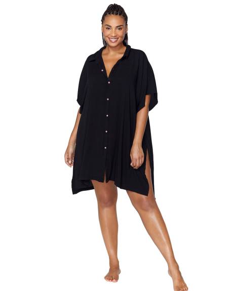 Black Vacay Buttoned-Down Cover-Up Shirt - Raisins Curve