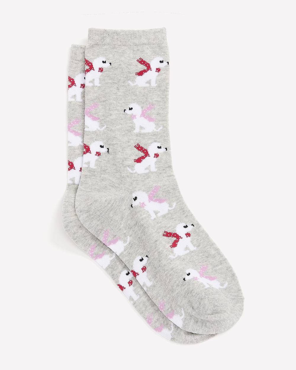 Rolled-Edge Crew Socks with Dog Print