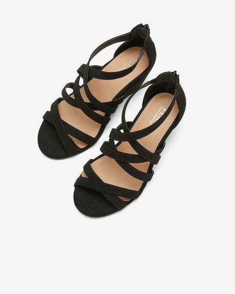 Extra Wide Width, Black Faux Suede Strappy Wedge Sandal