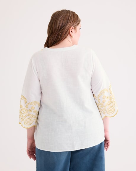 3/4-Sleeve Split-Neck Cotton Blouse with Embroidery