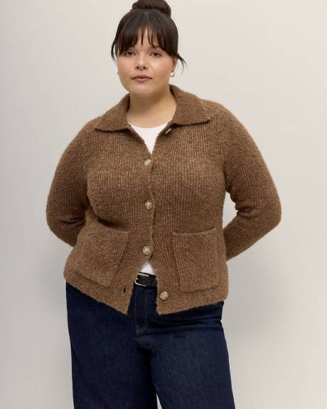 Boucle Knit Cardigan with Shirt Collar - Addition Elle