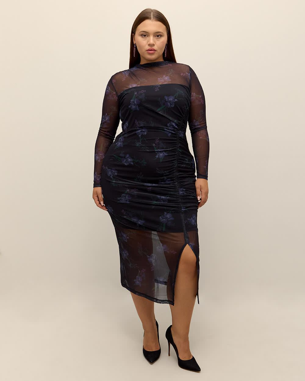 Black Fitted Mesh Midi Dress with Side Shirring - Addition Elle