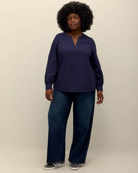 Embroidered A-Line Split-Neck Blouse